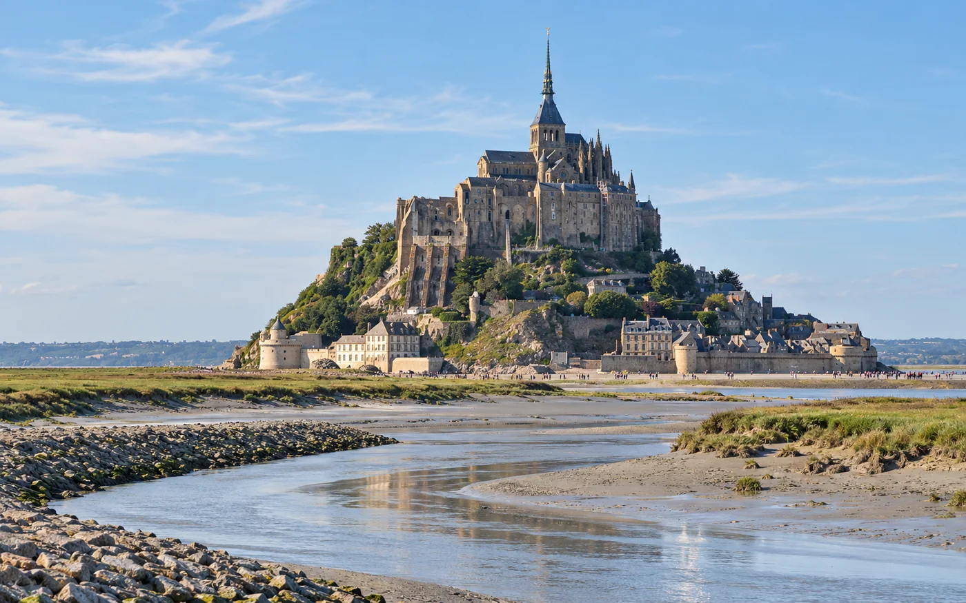 Image générée par IA : le Mont-Saint-Michel et sa baie à marée basse