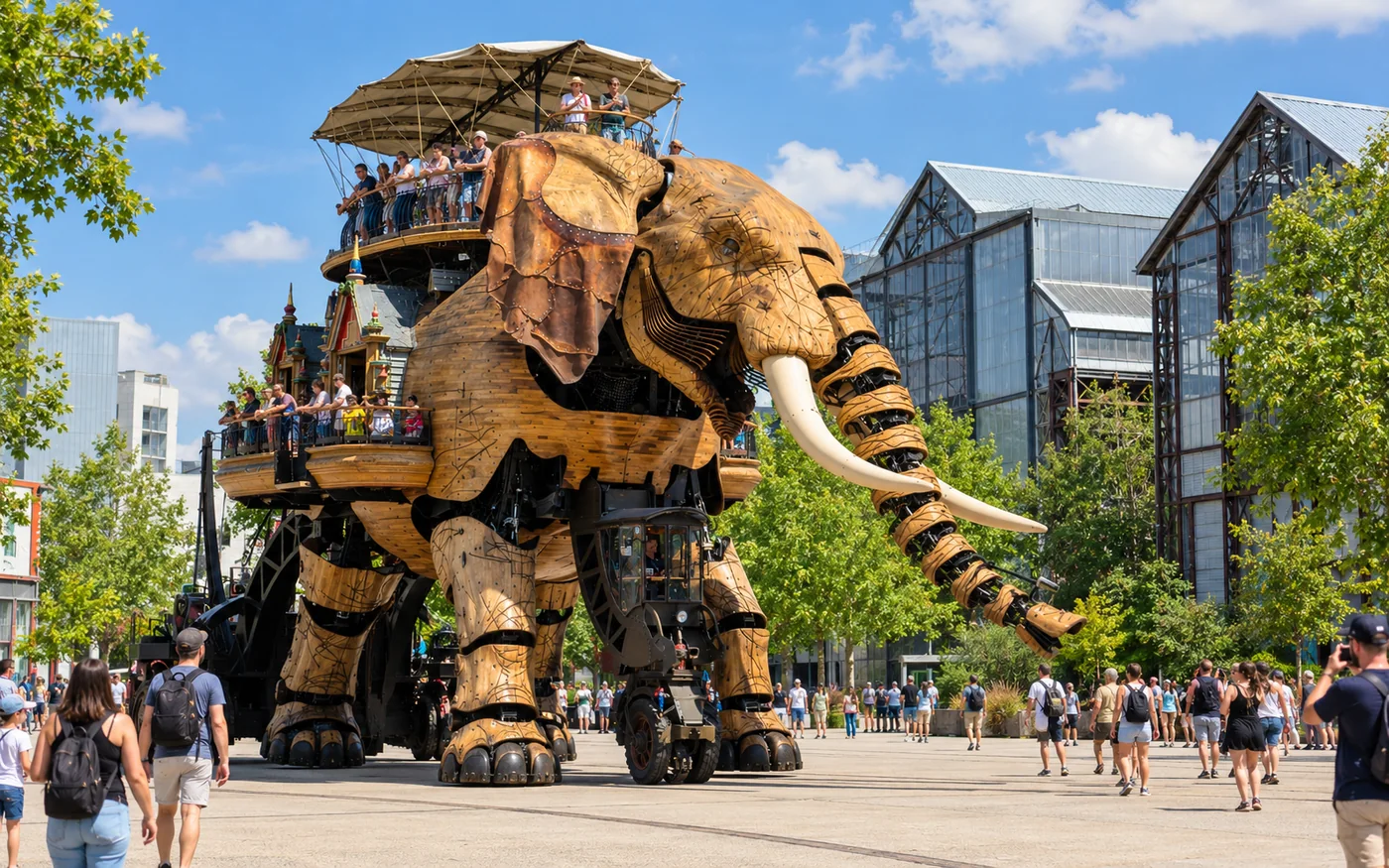 Image générée par IA : le Grand Éléphant des Machines de l’île à Nantes